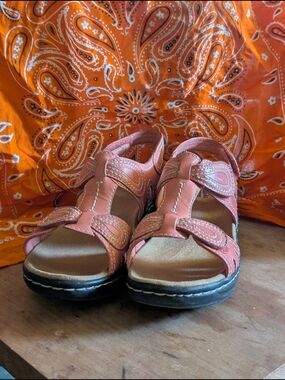 Clarks Pink Leather Adjustable Strap Sandals